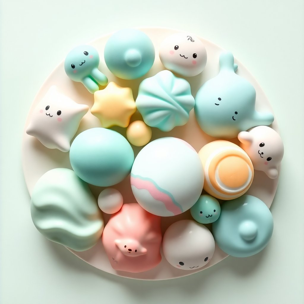 A colorful spread of soft pastel squishy toys
